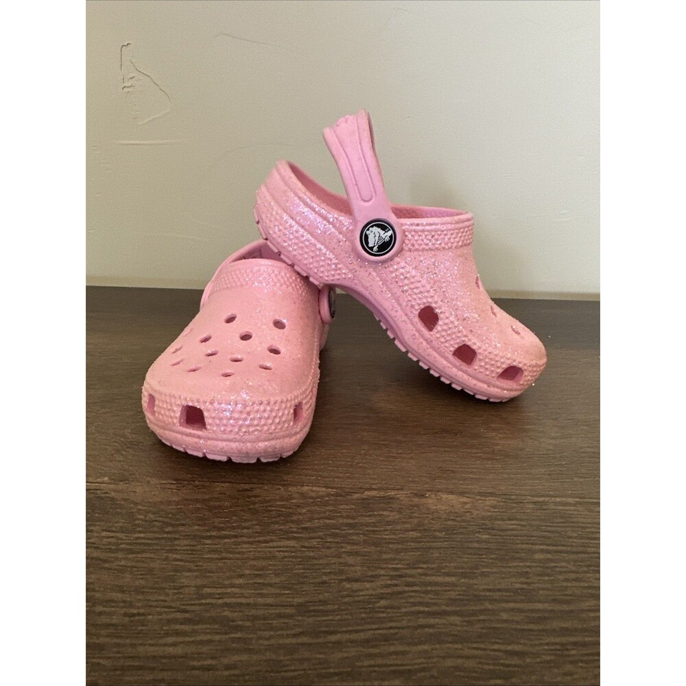 Crocs Girls Size 8 Pink Sparkly Glitter Iconic Comfort Capital C8 Shoes